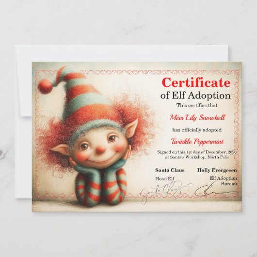 Official North Pole Elf Adoption Certificate Kaart (Voorkant)