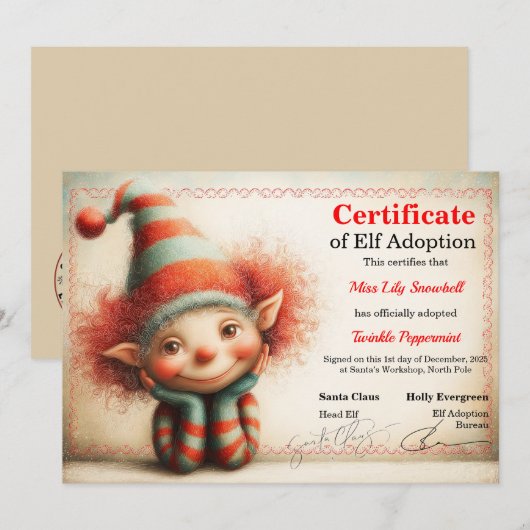 Official North Pole Elf Adoption Certificate Kaart (Voorkant / Achterkant)