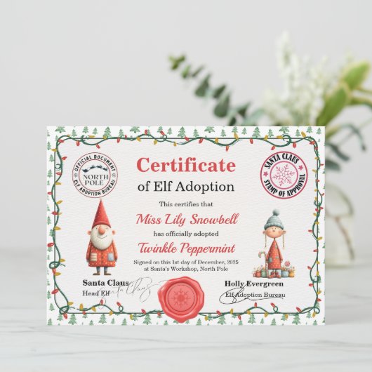 Official North Pole Elf Adoption Certificate Kaart (Staand voorkant)