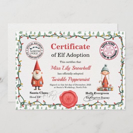 Official North Pole Elf Adoption Certificate  Kaart (Voorkant / Achterkant)