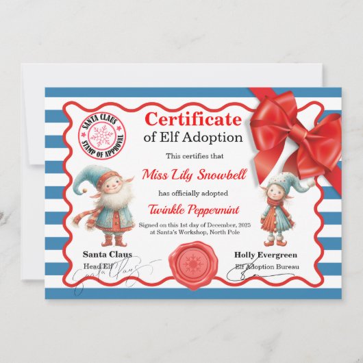 Official North Pole Elf Adoption Certificate Kaart (Voorkant)