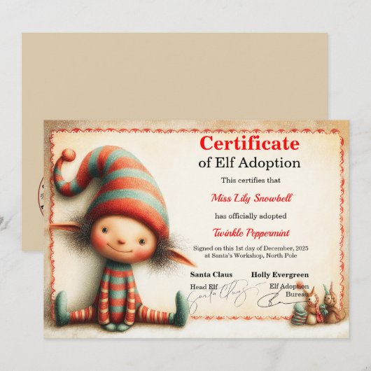 Official North Pole Elf Adoption Certificate  Kaart (Voorkant / Achterkant)