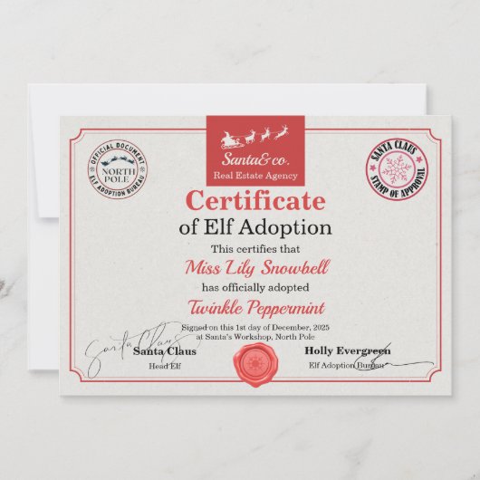 Official North Pole Elf Adoption Certificate Kaart (Voorkant)