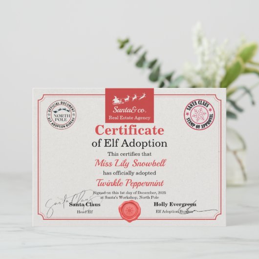 Official North Pole Elf Adoption Certificate  Kaart (Staand voorkant)