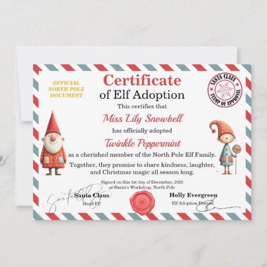 Official North Pole Elf Adoption Certificate  Kaart (Voorkant)