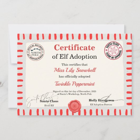 Official North Pole Elf Adoption Certificate  Kaart (Voorkant)