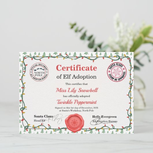 Official North Pole Elf Adoption Certificate Kaart (Staand voorkant)