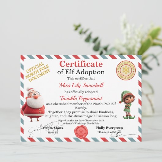 Official North Pole Elf Adoption Certificate  Kaart (Staand voorkant)