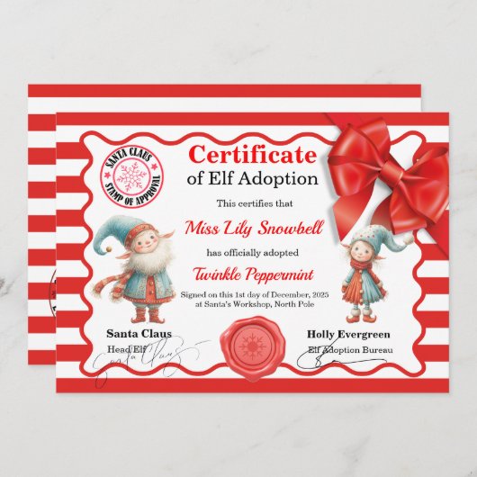 Official North Pole Elf Adoption Certificate Kaart (Voorkant / Achterkant)