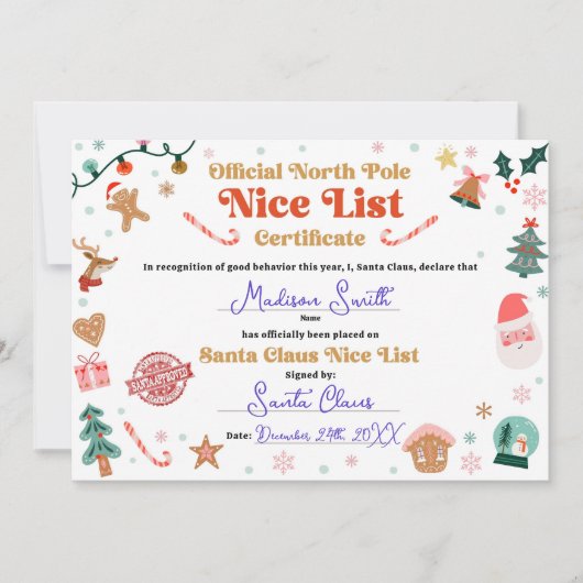 Official North Pole Nice List Certificate Santa Kaart (Voorkant)