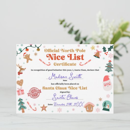 Official North Pole Nice List Certificate Santa Kaart (Staand voorkant)