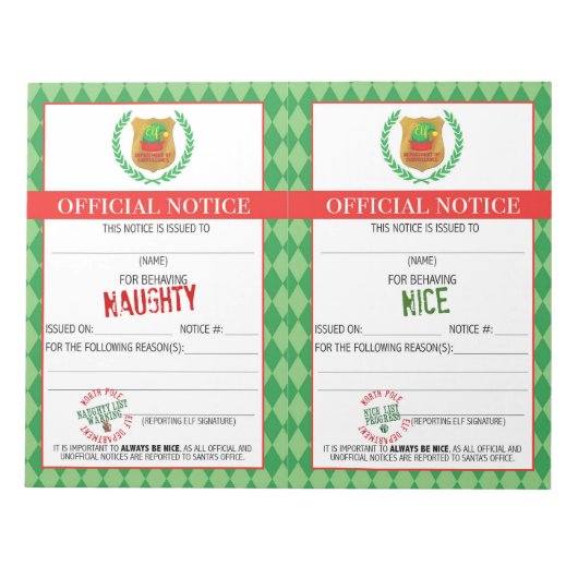 Officiële bekendmaking van Elf Naughty en Nice Notitieblok (Voorkant)