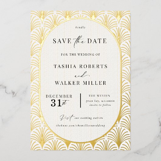 Officiële Black Stropdas Gold Art Deco Save the Da Folie Uitnodiging (Voorkant)