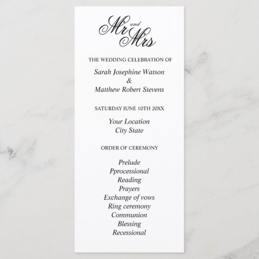 Officiële chic Mr en Mrs bruiloft ceremonie progra Programmakaart (Voorkant)