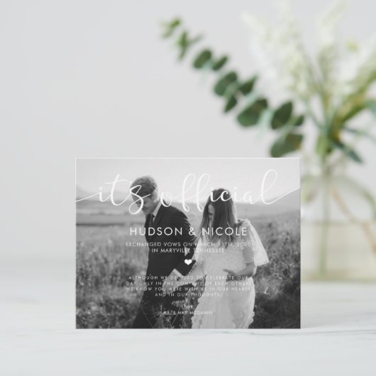 Officiële Elopement Wedding Photo Aankondigingskaart (Staand voorkant)