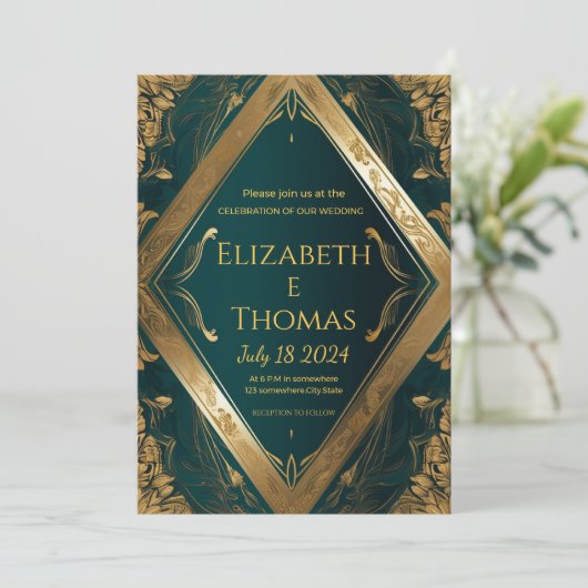 Officiële huwelijksuitnodiging Emerald green en Go Kaart (Staand voorkant)