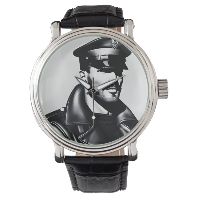 Officiële Iconische LGBTQ Gay Leather Daddy Biker  Horloge (Voorkant)
