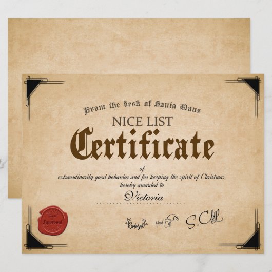 Officiële Kerstman Nice List Certificaat Kerstkaar Kaart (Voorkant / Achterkant)