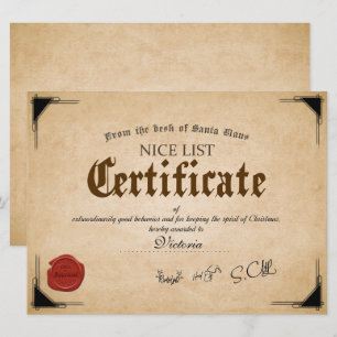 Officiële Kerstman Nice List Certificaat Kerstkaar Kaart
