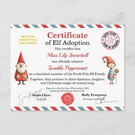 Officiële Noordpool Elf Adoptie Certificaat Briefkaart (Voorkant)