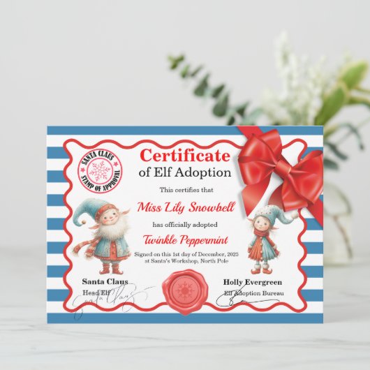 Officiële Noordpool Elf Adoptie Certificaat Kaart (Staand voorkant)