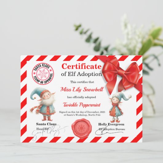Officiële Noordpool Elf Adoptie Certificaat Kaart (Staand voorkant)