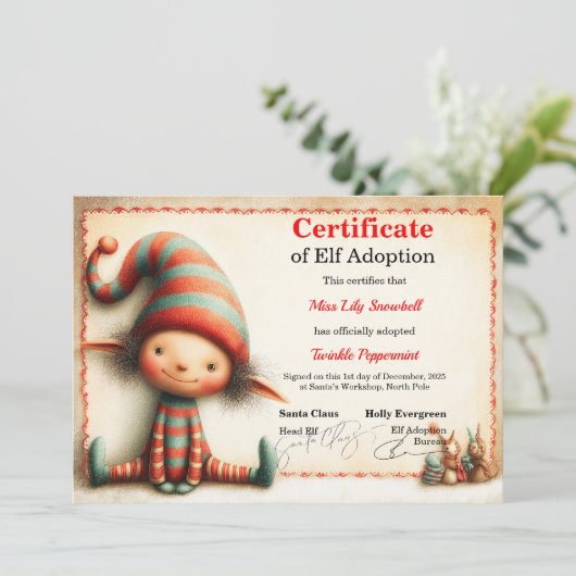 Officiële Noordpool Elf Adoptie Certificaat Kaart (Staand voorkant)