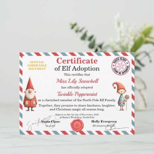 Officiële Noordpool Elf Adoptie Certificaat Kaart (Staand voorkant)