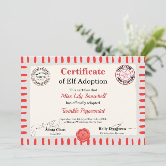 Officiële Noordpool Elf Adoptie Certificaat Kaart (Staand voorkant)