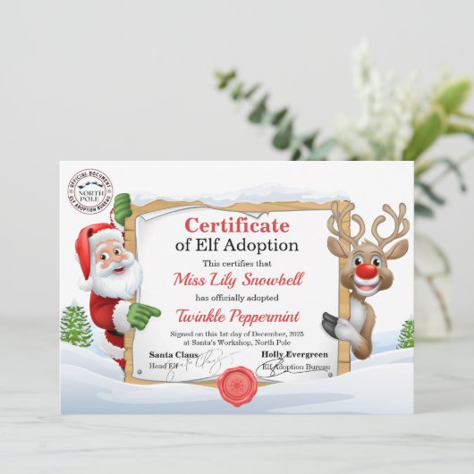 Officiële Noordpool Elf Adoptie Certificaat Kaart (Staand voorkant)