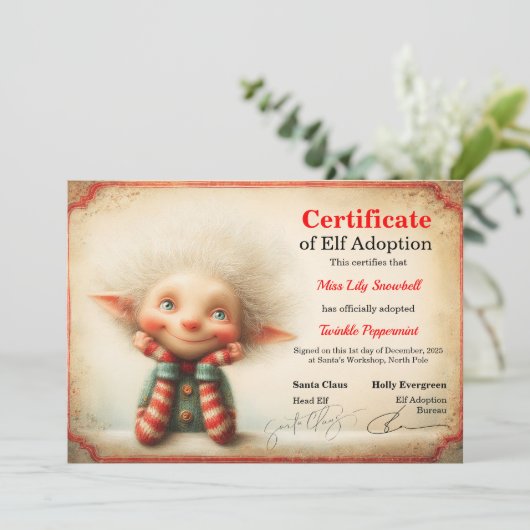 Officiële Noordpool Elf Adoptie Certificaat Kaart (Staand voorkant)