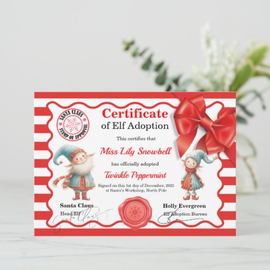 Officiële Noordpool Elf Adoptie Certificaat Kaart (Staand voorkant)