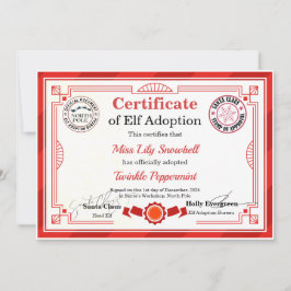 Officiële Noordpool Elf Adoptie Certificaat Kaart