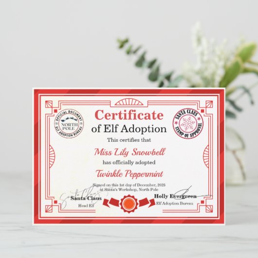 Officiële Noordpool Elf Adoptie Certificaat Kaart (Staand voorkant)
