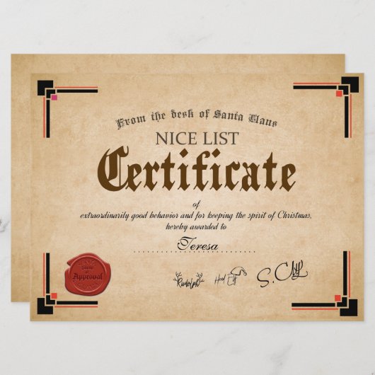 Officiële Santa Nice List Certificate Holiday Card Kaart (Voorkant / Achterkant)