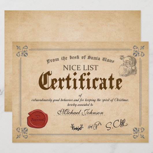 Officiële Santa Nice List Certificate Holiday Card Kaart (Voorkant / Achterkant)