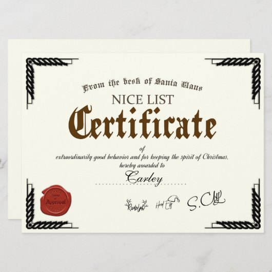 Officiële Santa Nice List Certificate Holiday Card Kaart (Voorkant / Achterkant)