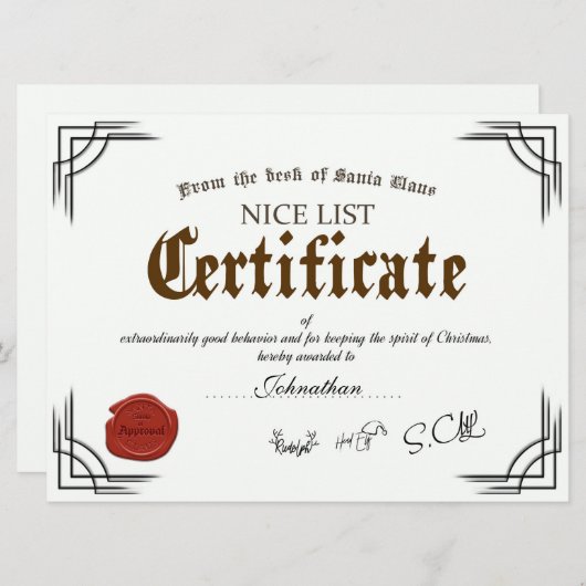 Officiële Santa Nice List Certificate Holiday Card Kaart (Voorkant / Achterkant)