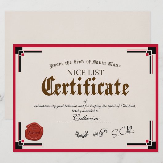 Officiële Santa Nice List Certificate Holiday Card Kaart (Voorkant / Achterkant)