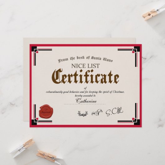 Officiële Santa Nice List Certificate Holiday Card Kaart (Voorkant / Achterkant in situ)