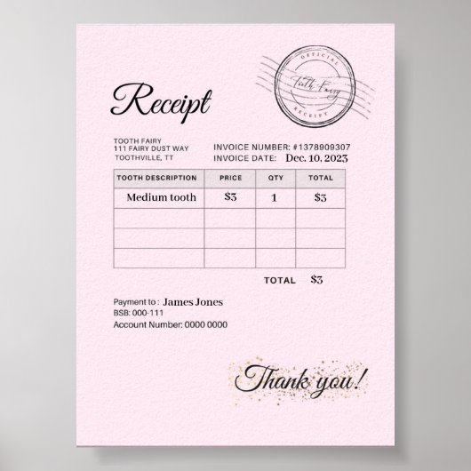 Officiële seal tand fee kussen geld ontvangst poster (Voorkant)