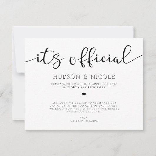 Officiële trouwkaart voor een elopement aankondiging (Voorkant)