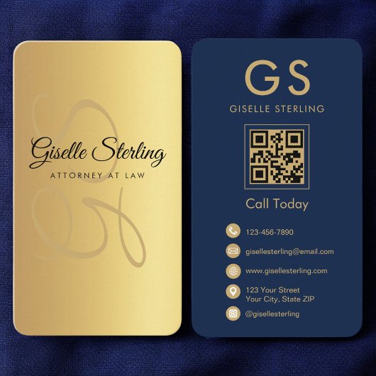 Officier van Justitie Navy Blue Gold QR Code Monog Visitekaartje