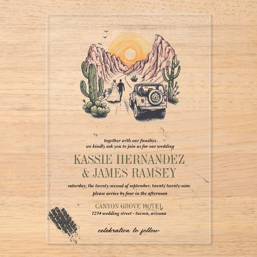 Offroad Canyon Paar Bruiloft Acryl Uitnodigingen (Voorkant)