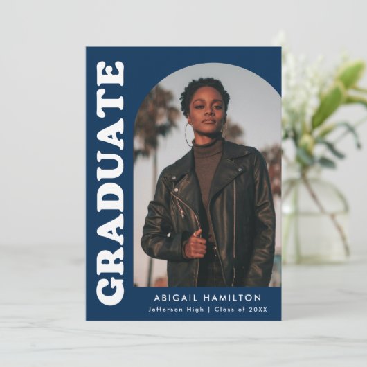 Offset Arch Navy Blue 4 Foto Afstuderen Aankondiging (Staand voorkant)