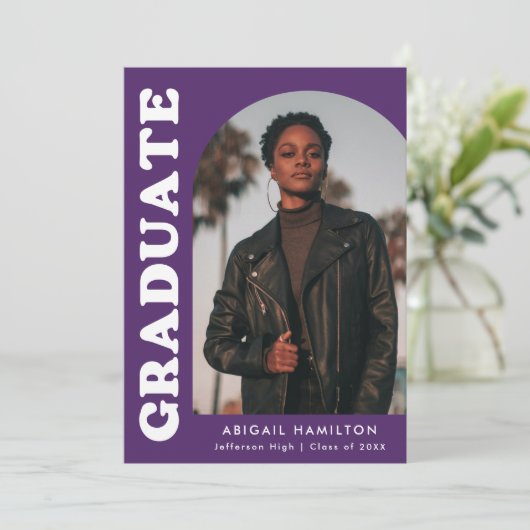 Offset Arch Paars 4 Foto Afstuderen Aankondiging (Staand voorkant)