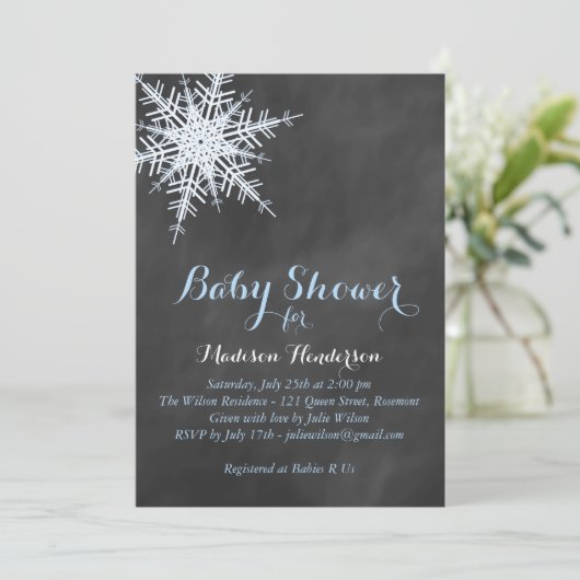 Offset Blue Chalk Snowflake Baby shower uitnodigen Kaart (Staand voorkant)