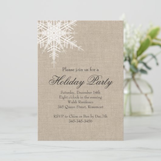 Offset Burlap Snowflake Holiday Party Uitnodiging (Staand voorkant)