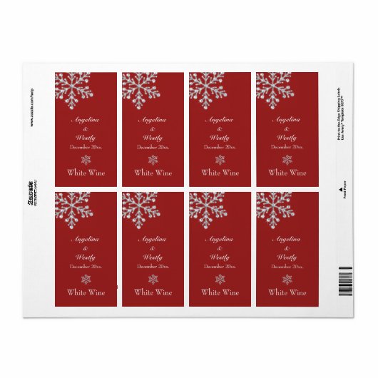 Offset Crystal Snowflake Wedding Wine Label (rood) (Full Sheet)