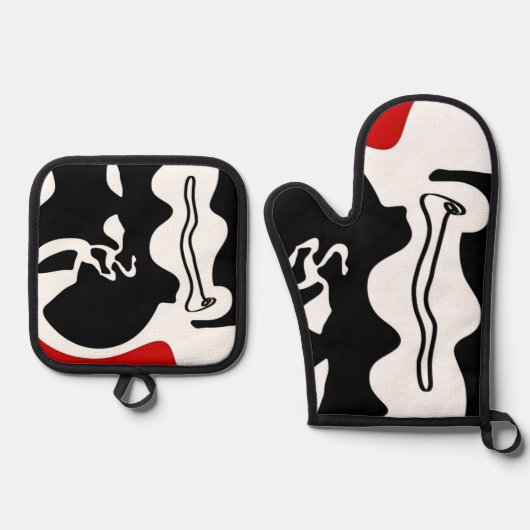 Offset kamer: Abstract zwart, wit & rood Ovenwant & Pannenlap Set (Voorkant)